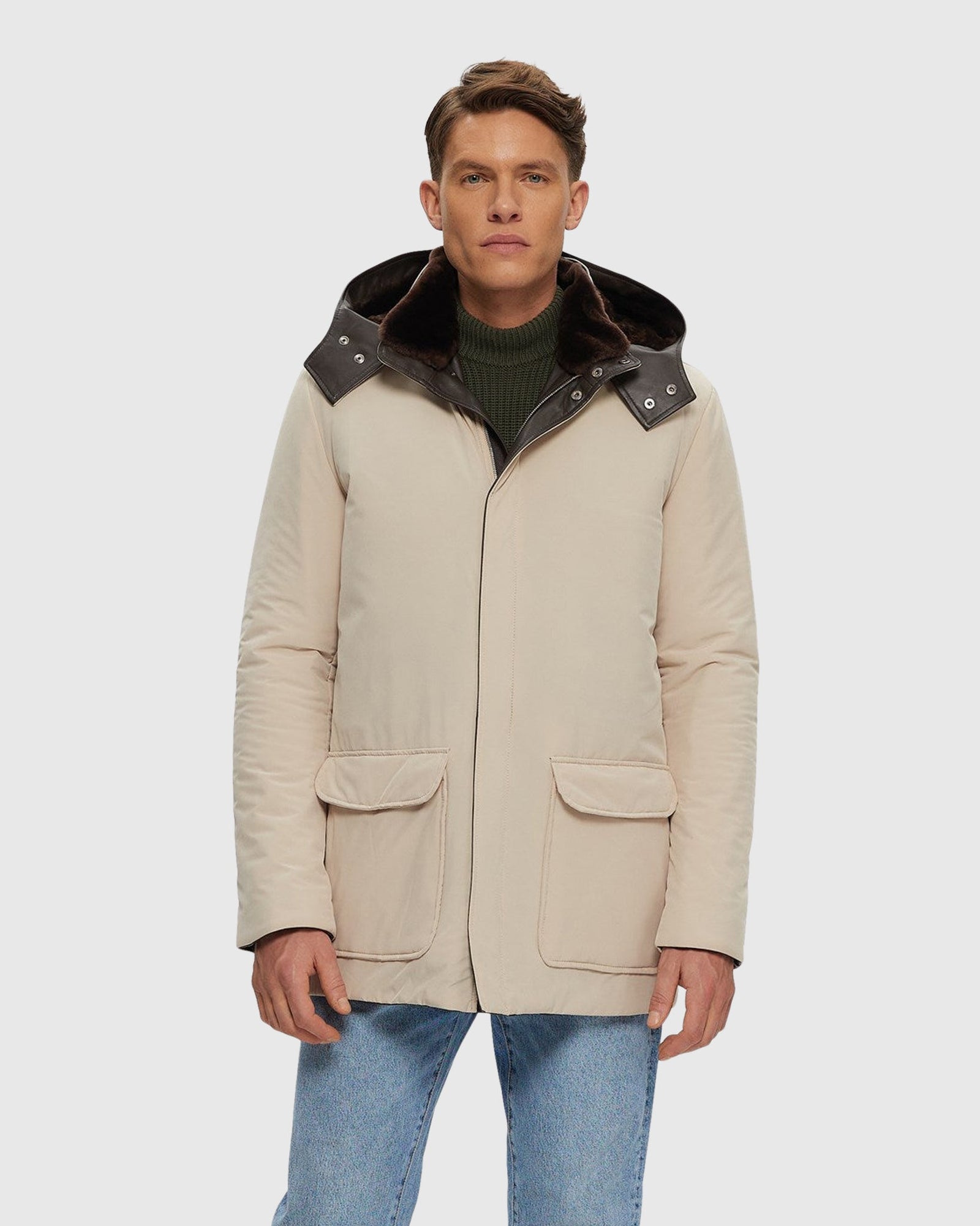 Men | Select Shearling Lamb Lined Parka With Leather Trim And Detachable Select Shearling Lamb Collar And Hood | Beige/Brown
