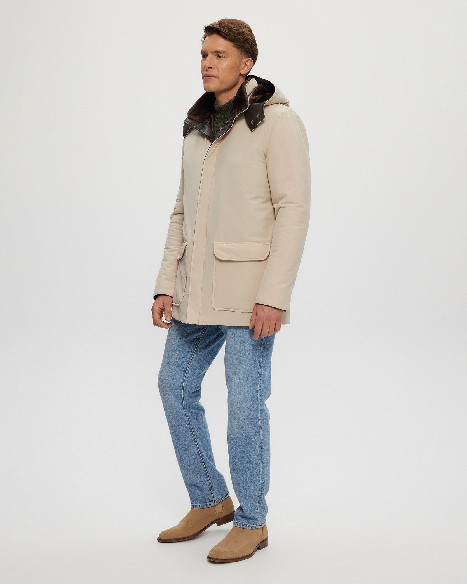 Men | Select Shearling Lamb Lined Parka With Leather Trim And Detachable Select Shearling Lamb Collar And Hood | Beige/Brown