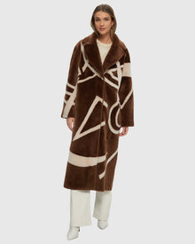 Merino Shearling Lamb Coat With Intarsia | Chestnut/Cream