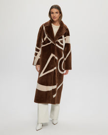 Merino Shearling Lamb Coat With Intarsia | Women | Chestnut x Cream