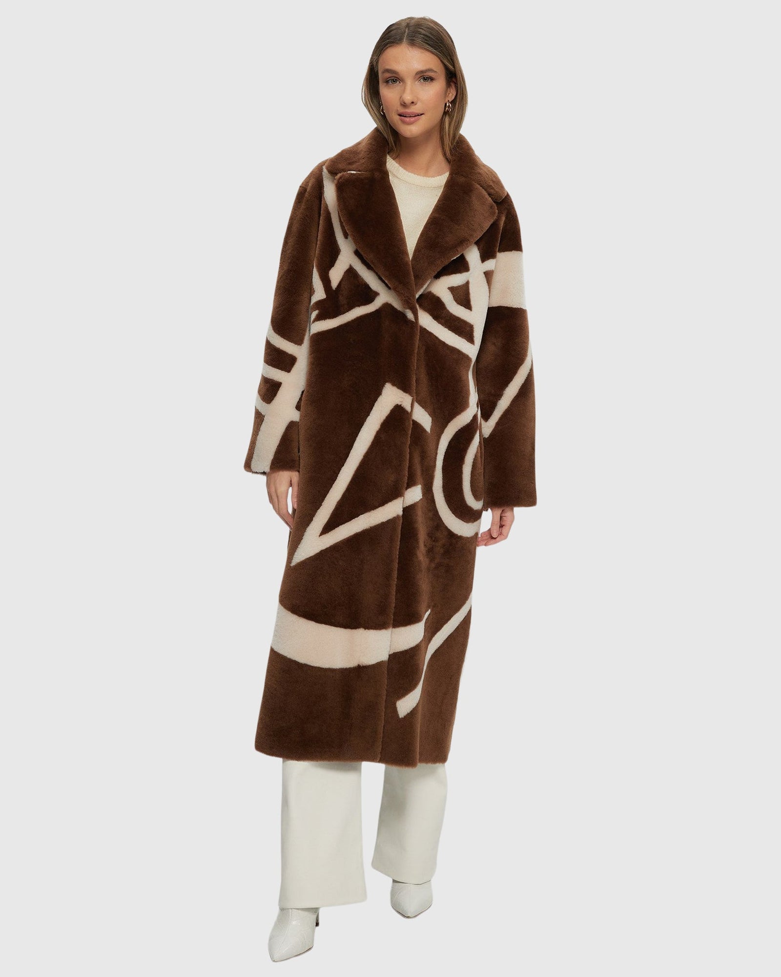 Merino Shearling Lamb Coat With Intarsia | Chestnut/Cream