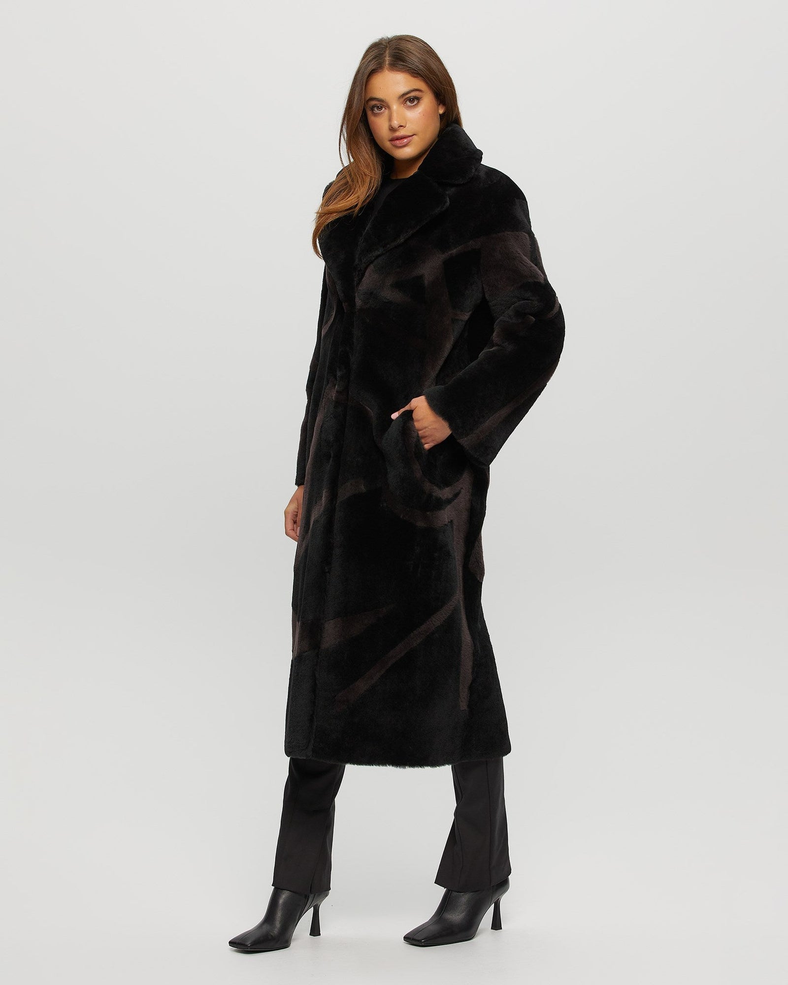 Merino Shearling Lamb Coat With Intarsia | Women | Black x Brown