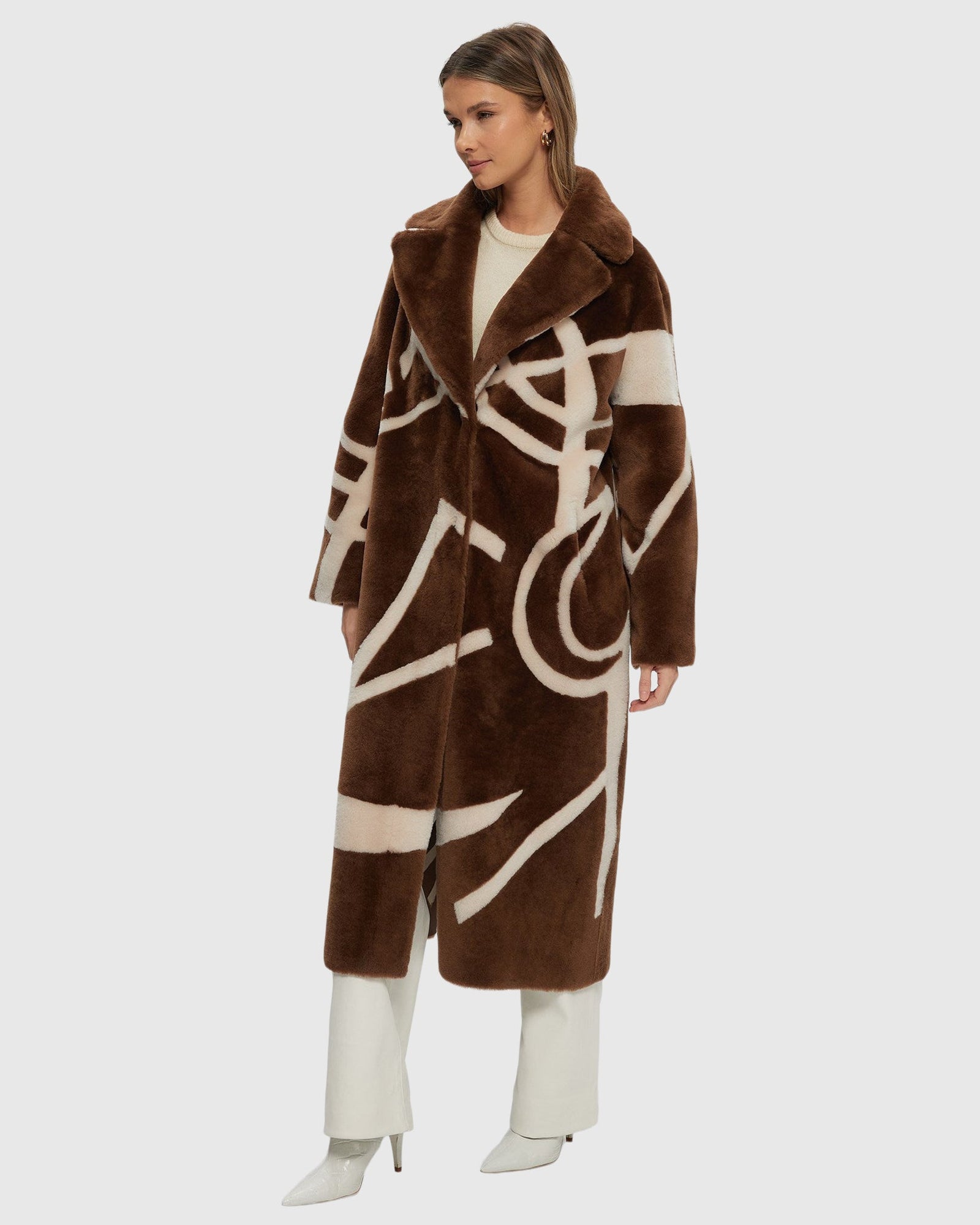 Merino Shearling Lamb Coat With Intarsia | Chestnut/Cream