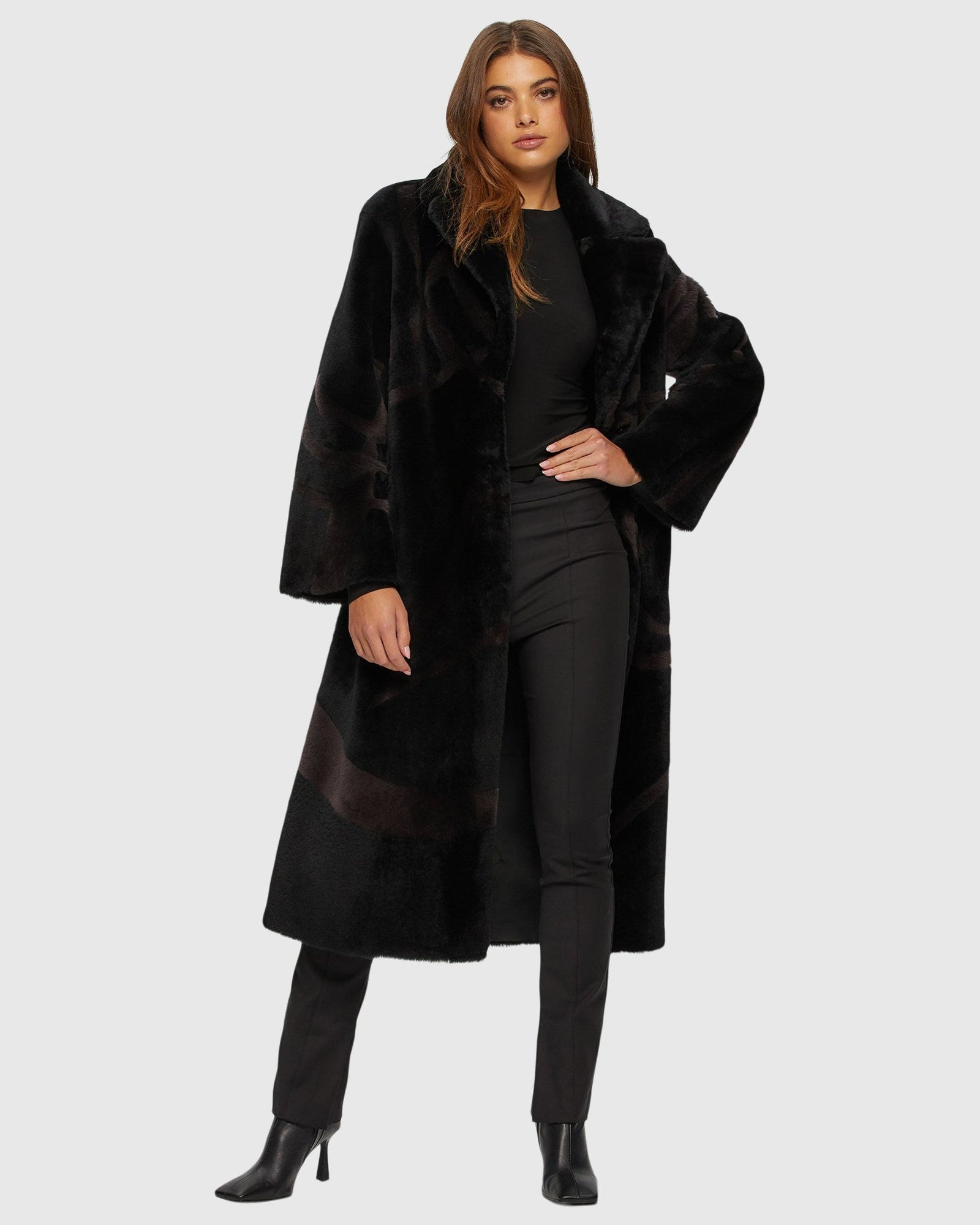 Merino Shearling Lamb Coat With Intarsia | Black/Brown