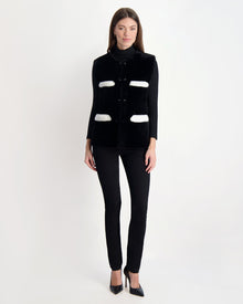 Merino Shearling Lamb Collarless Vest With Embellishment | Women | Black x White