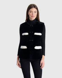 Merino Shearling Lamb Collarless Vest With Embellishment | Black/White