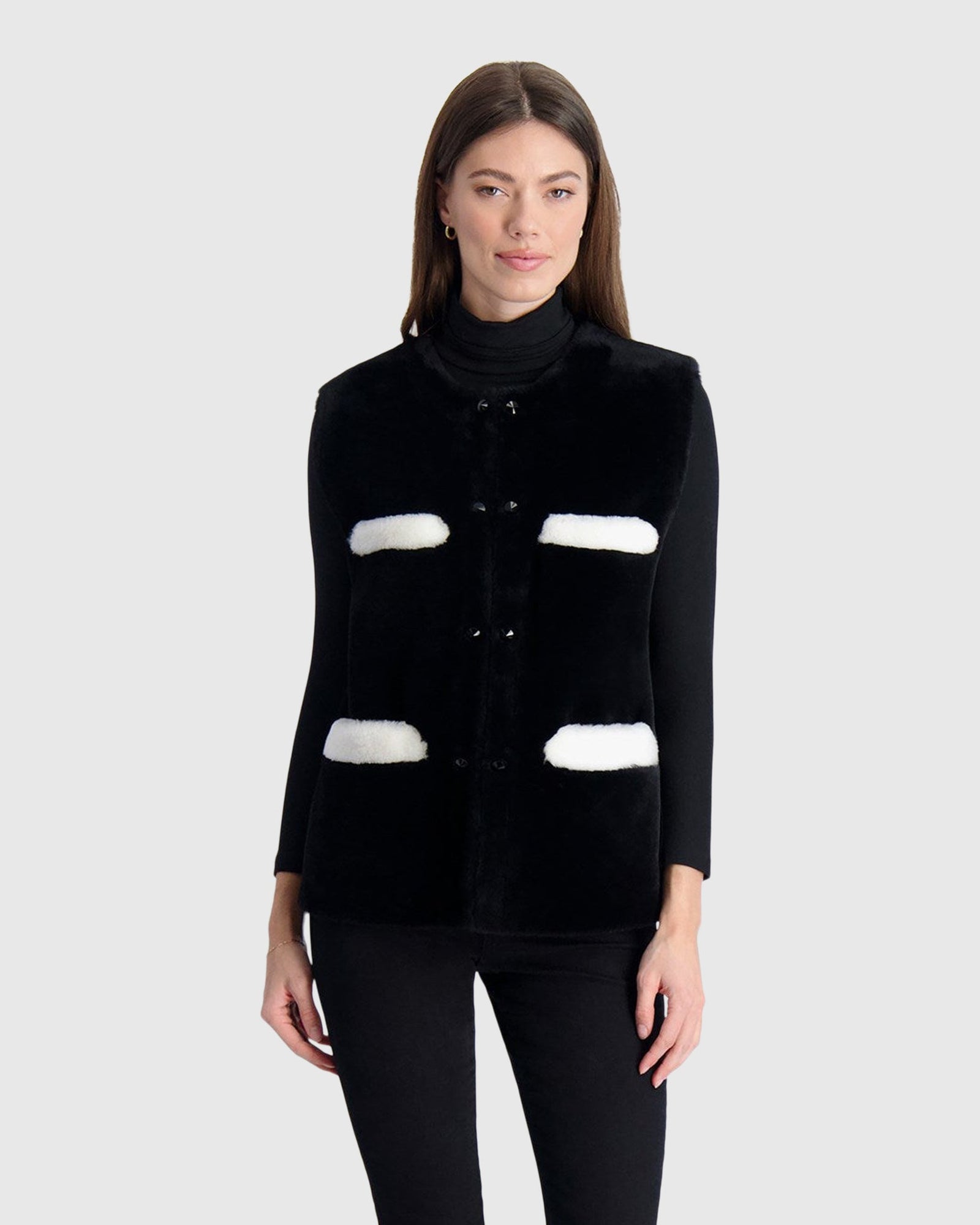 Merino Shearling Lamb Collarless Vest With Embellishment | Black/White