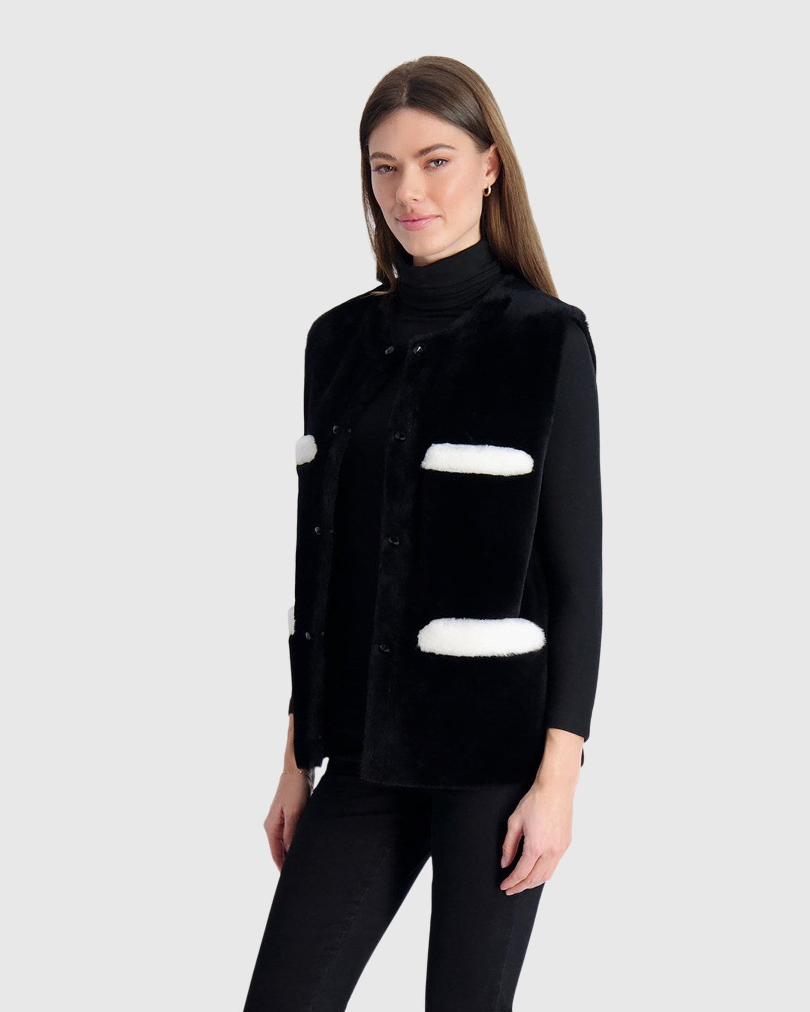 Merino Shearling Lamb Collarless Vest With Embellishment | Black/White