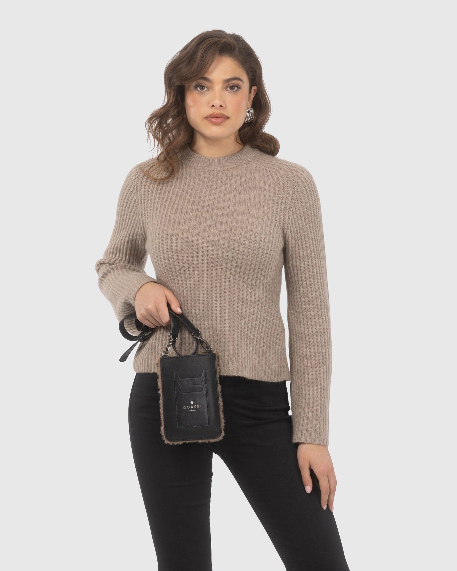 Merino Shearling Lamb Iphone/Credit Card Crossbody Bag | Brown/Black Insignia