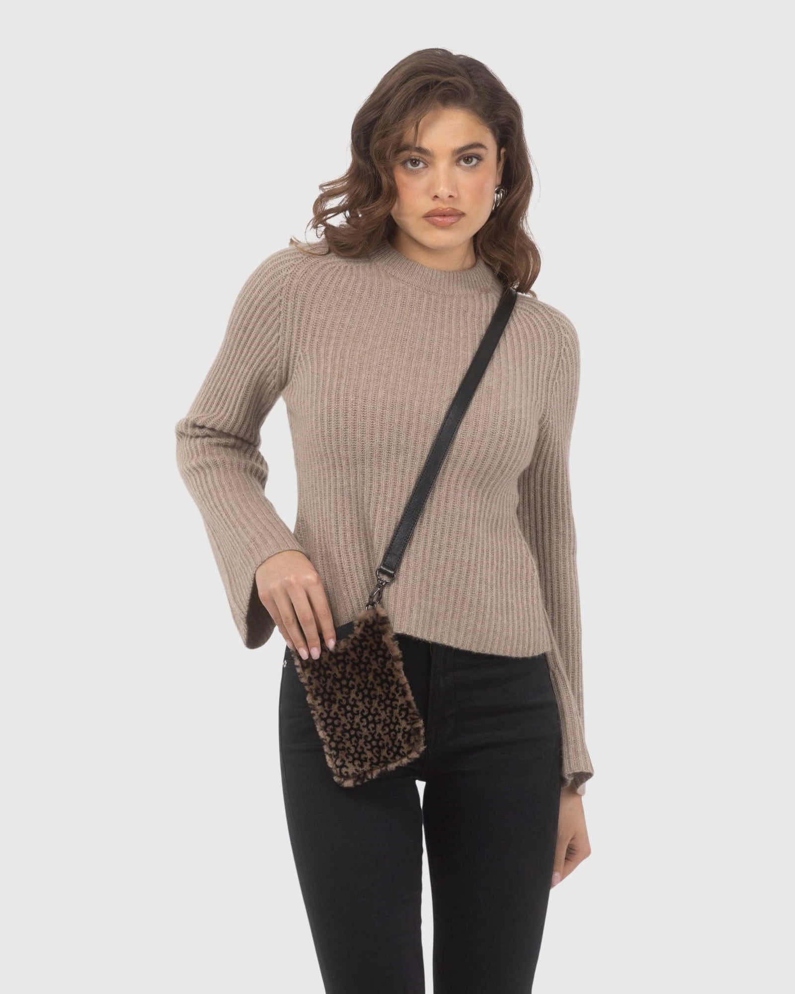 Merino Shearling Lamb Iphone/Credit Card Crossbody Bag | Brown/Black Insignia