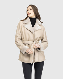 Merino Shearling Lamb Jacket With Embroidered Trim, Belt | Taupe Brisa