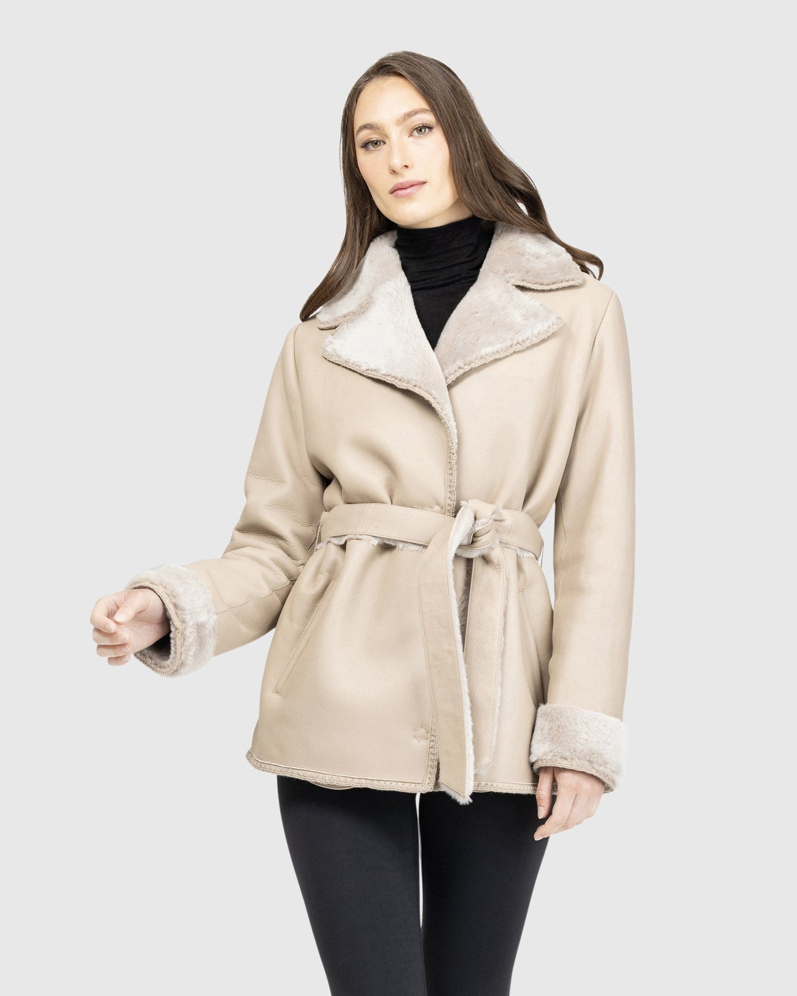 Merino Shearling Lamb Jacket With Embroidered Trim, Belt | Taupe Brisa