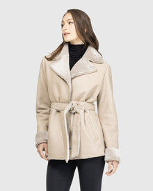 Merino Shearling Lamb Jacket With Embroidered Trim, Belt | Taupe Brisa