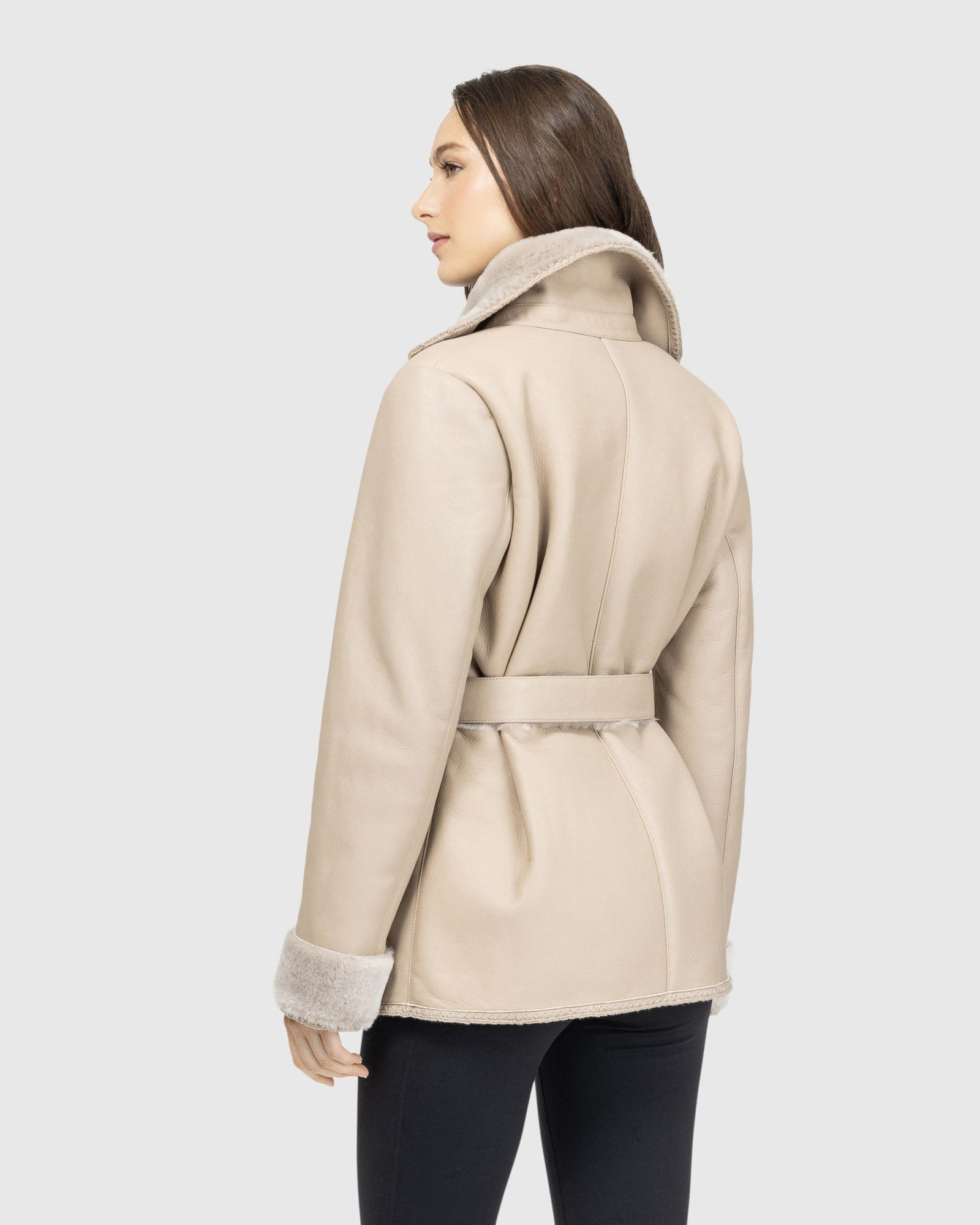 Merino Shearling Lamb Jacket With Embroidered Trim, Belt | Taupe Brisa