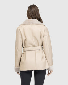 Merino Shearling Lamb Jacket With Embroidered Trim, Belt | Taupe Brisa