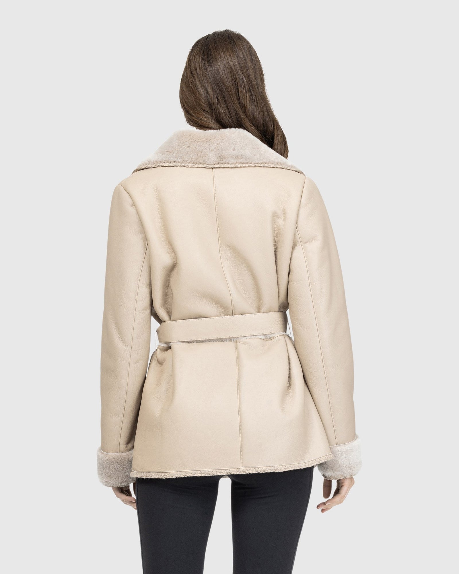Merino Shearling Lamb Jacket With Embroidered Trim, Belt | Taupe Brisa