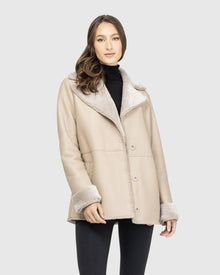 Merino Shearling Lamb Jacket With Embroidered Trim, Belt | Taupe Brisa