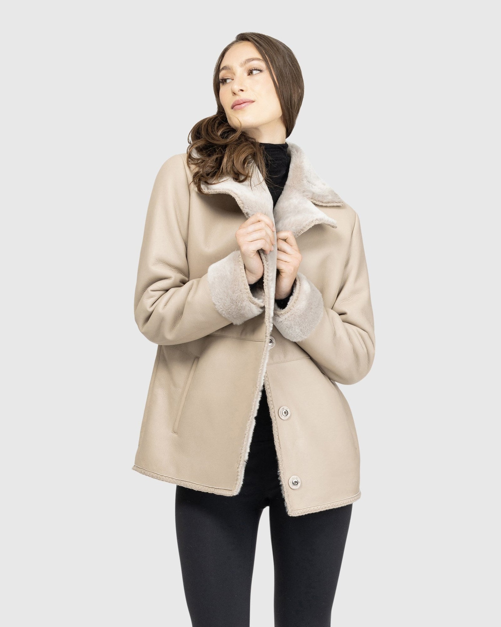 Merino Shearling Lamb Jacket With Embroidered Trim, Belt | Taupe Brisa