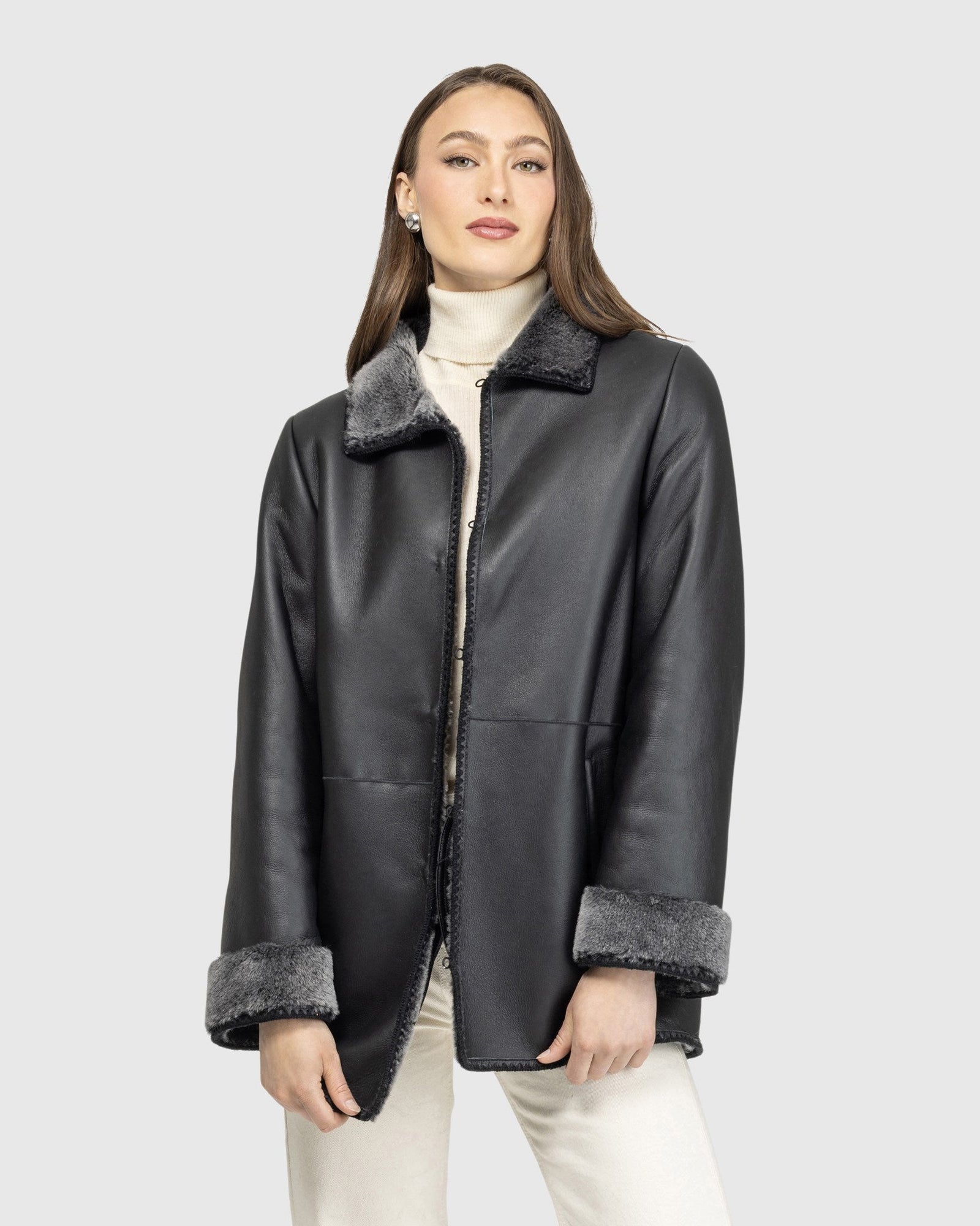 Merino Shearling Lamb Jacket With Embroidered Trim | Black Brisa