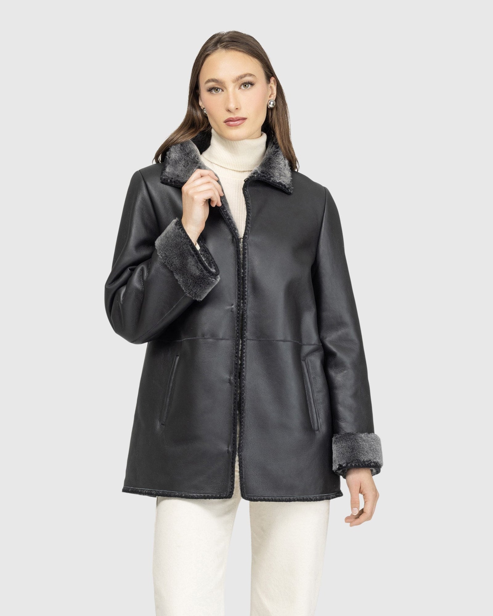 Merino Shearling Lamb Jacket With Embroidered Trim | Black Brisa