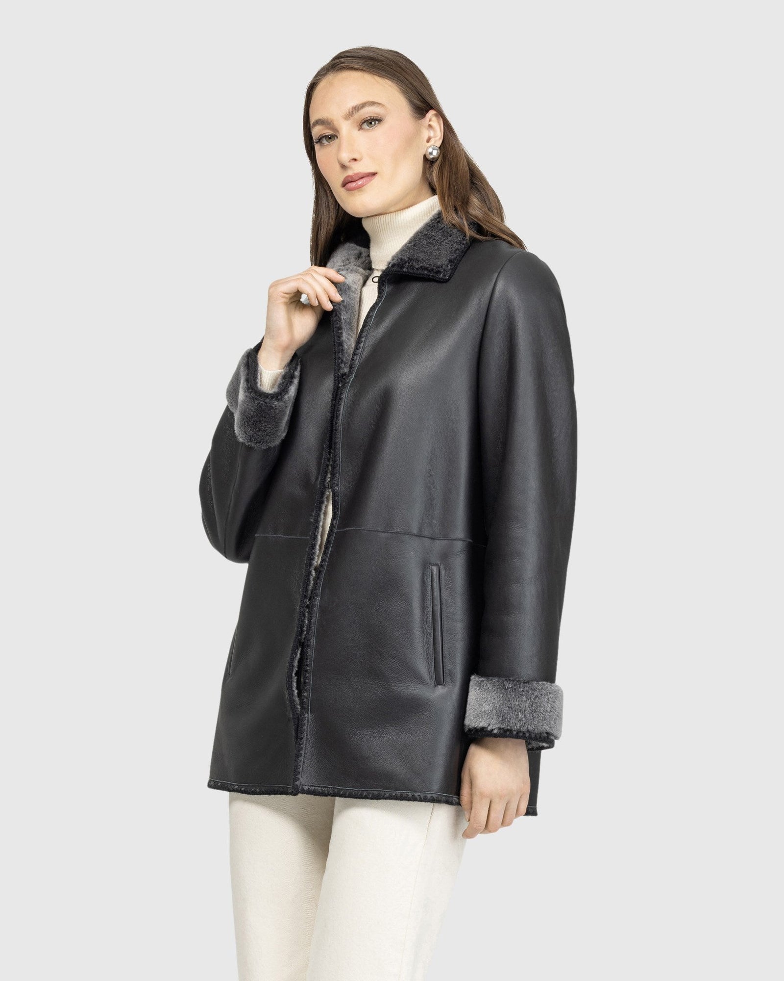 Merino Shearling Lamb Jacket With Embroidered Trim | Black Brisa