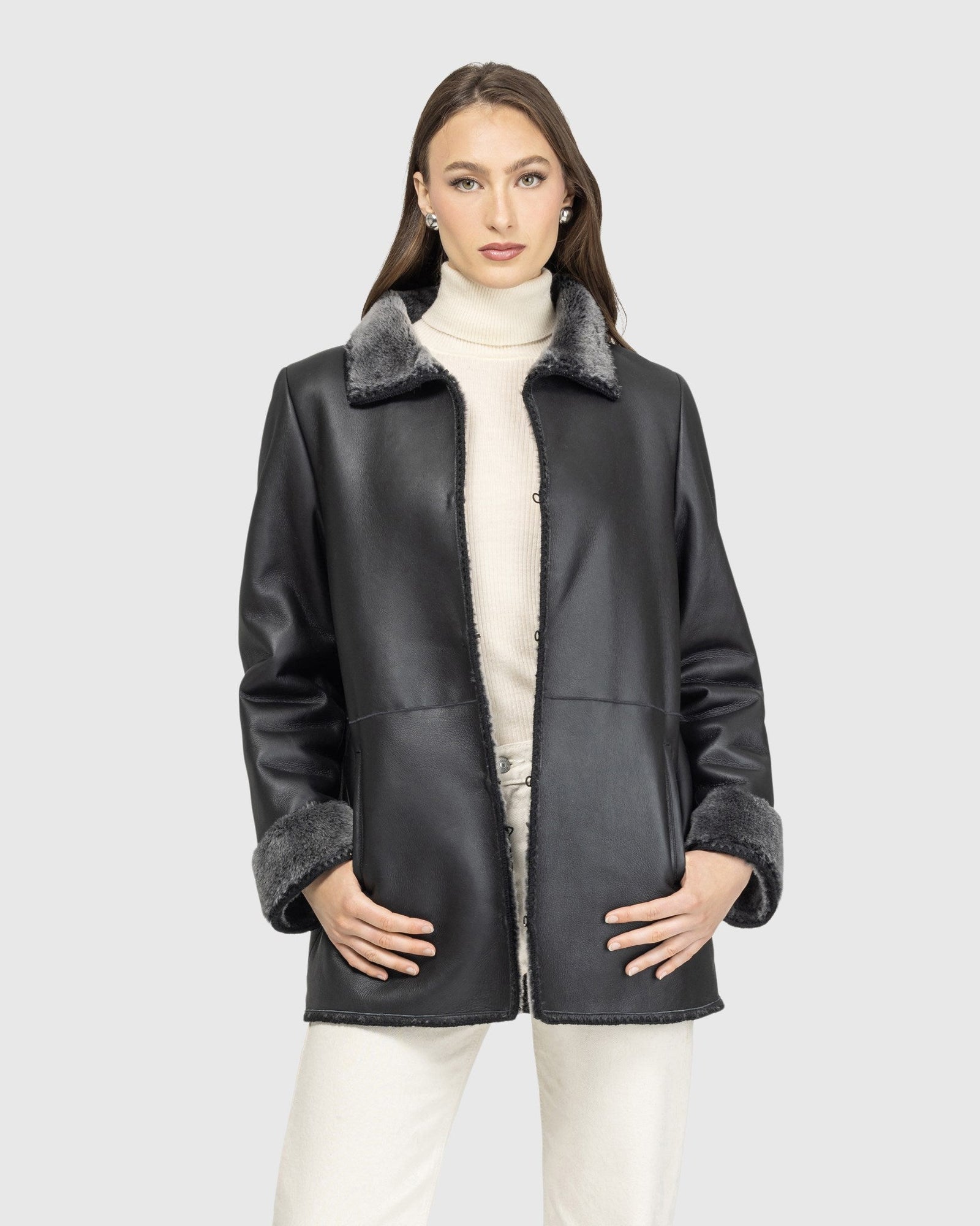 Merino Shearling Lamb Jacket With Embroidered Trim | Black Brisa