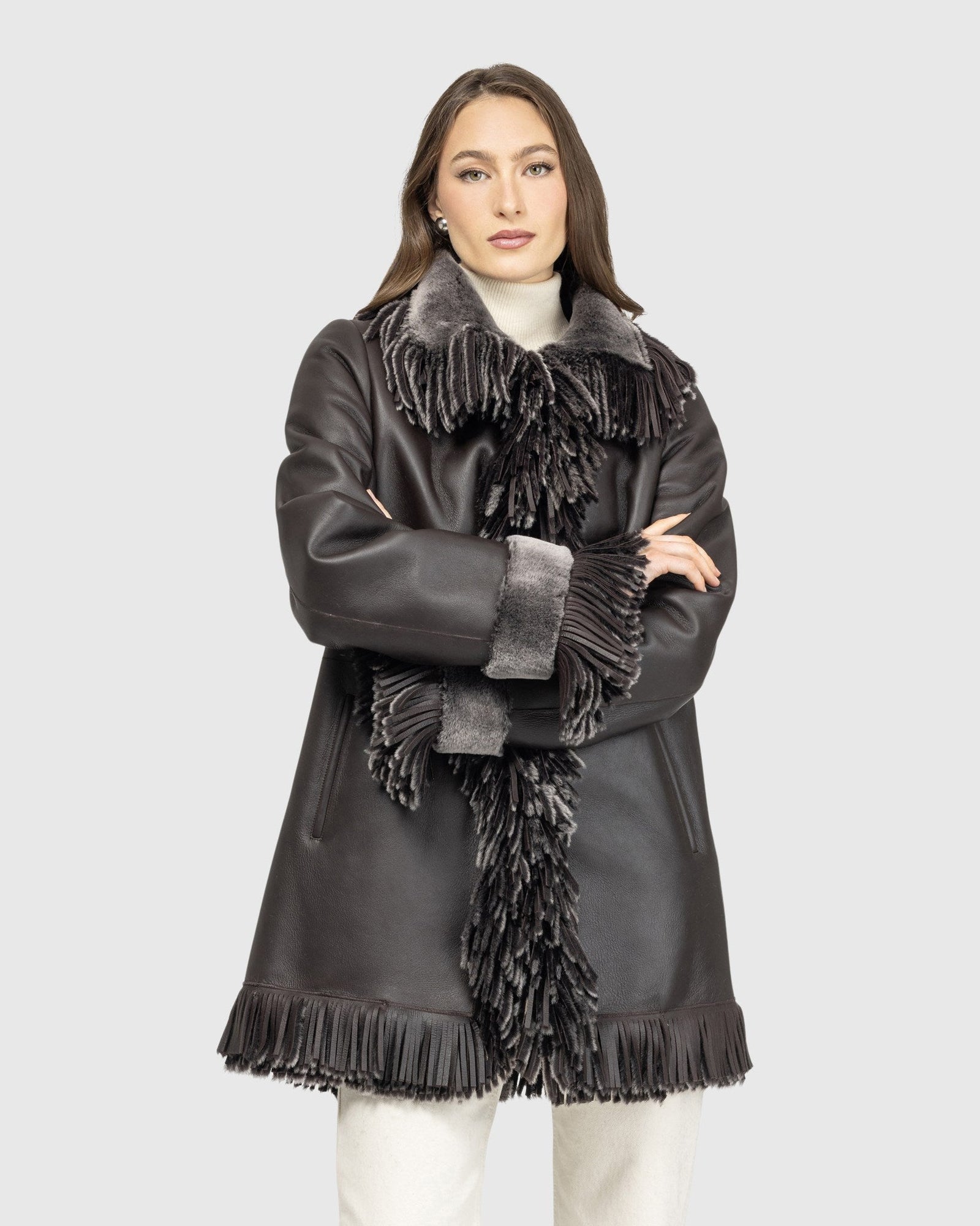 Merino Shearling Lamb Jacket With Fringes | Brown Brisa