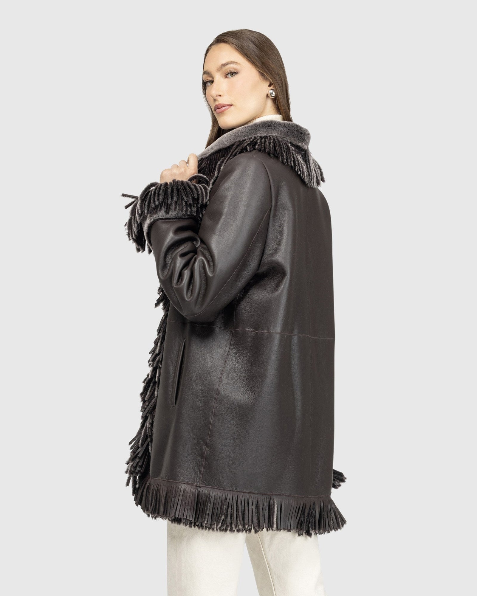 Merino Shearling Lamb Jacket With Fringes | Brown Brisa