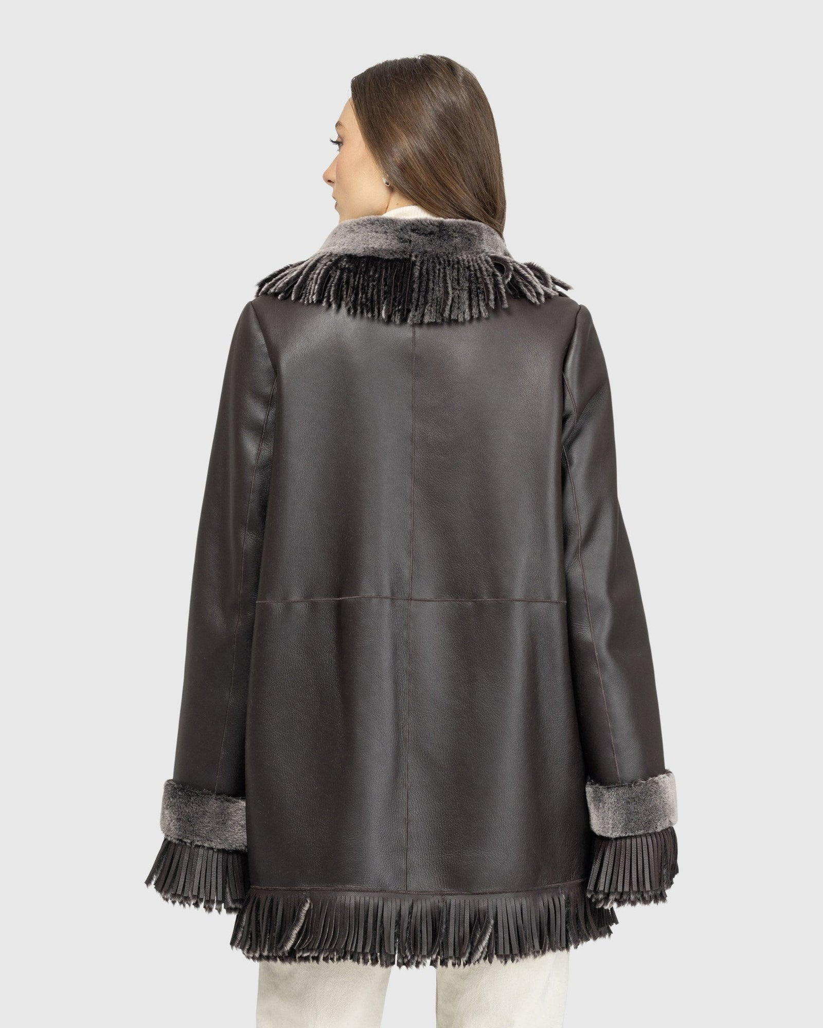 Merino Shearling Lamb Jacket With Fringes | Brown Brisa