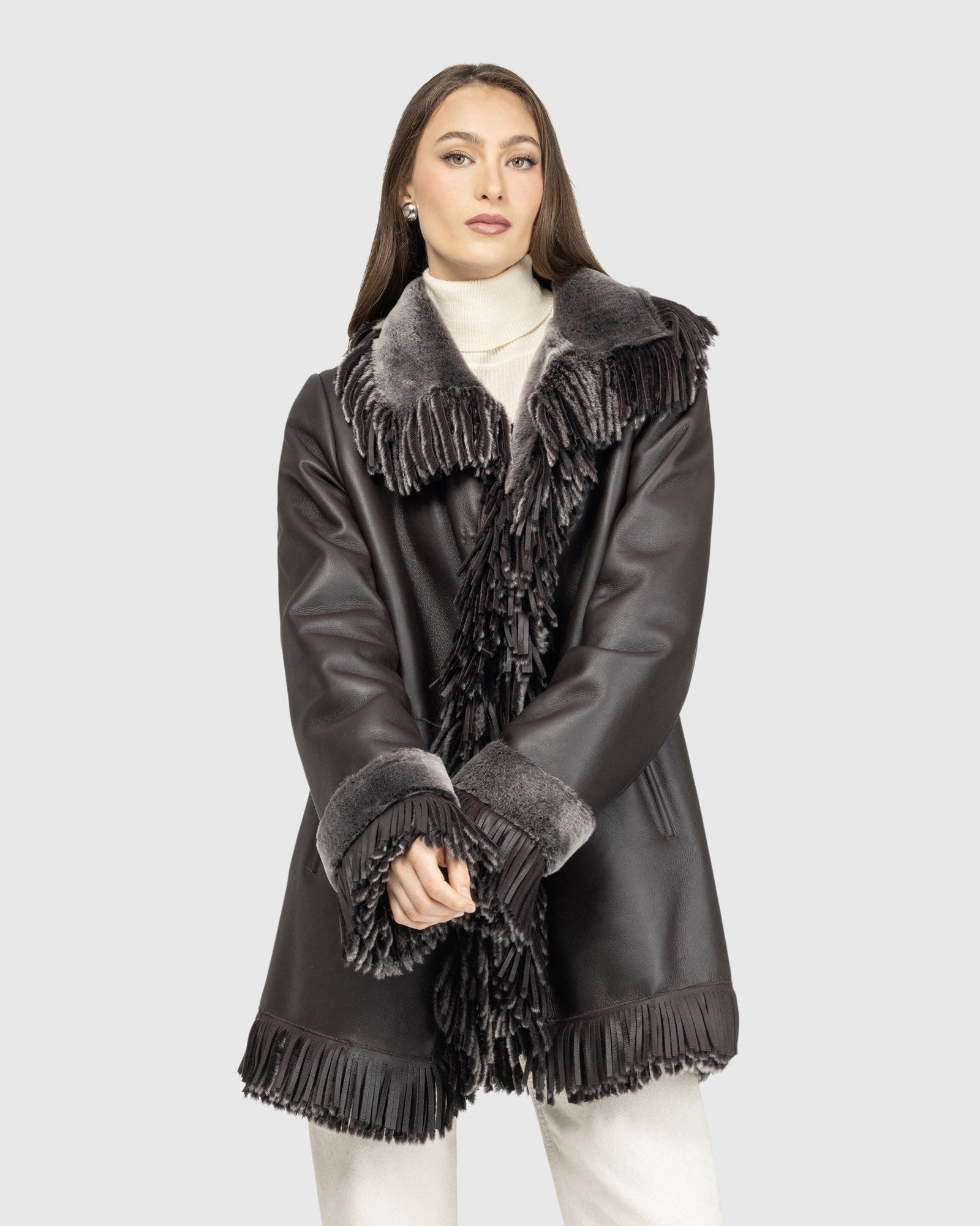 Merino Shearling Lamb Jacket With Fringes | Brown Brisa