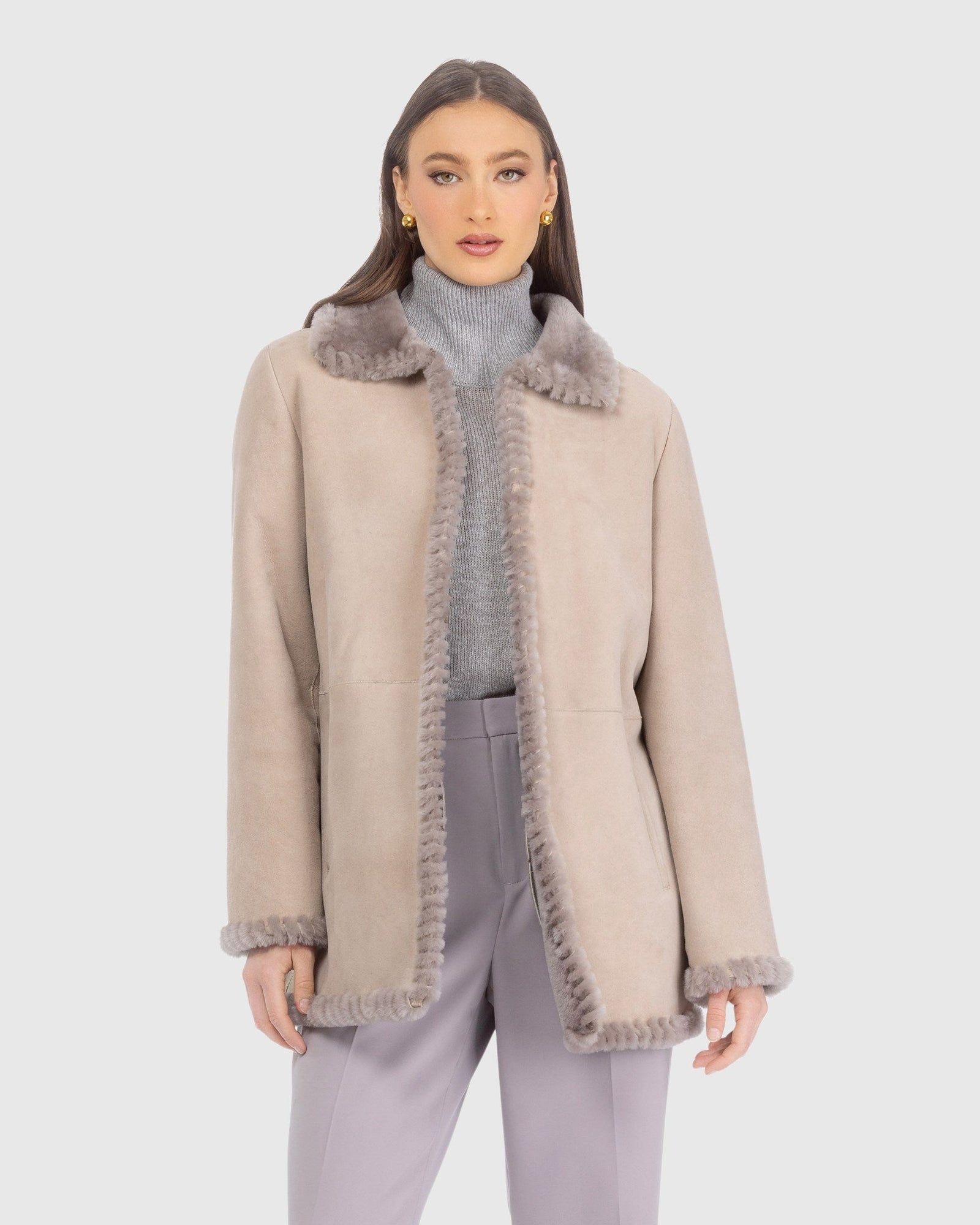 Merino Shearling Lamb Jacket With Whipstitch Trim | Taupe