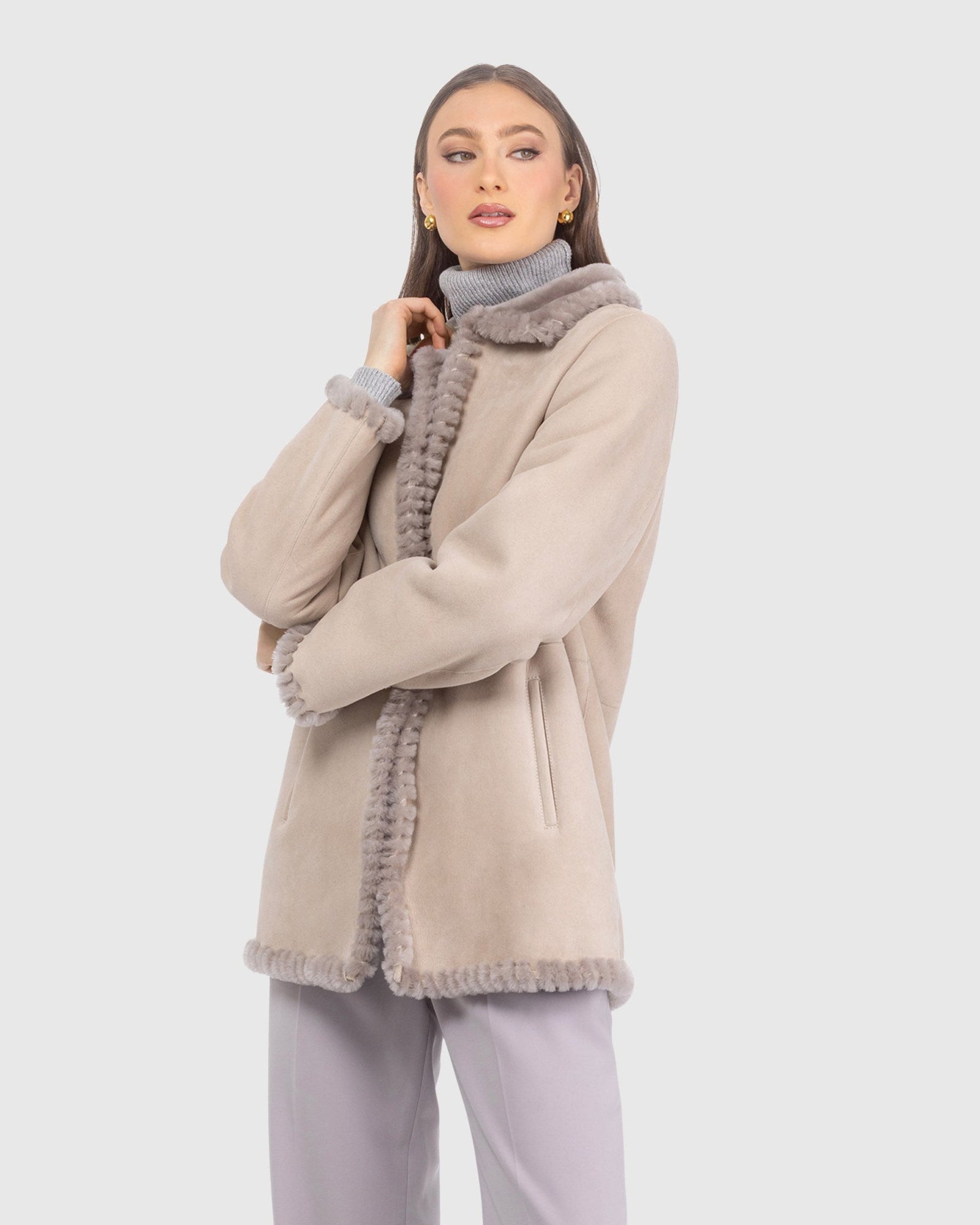 Merino Shearling Lamb Jacket With Whipstitch Trim | Taupe