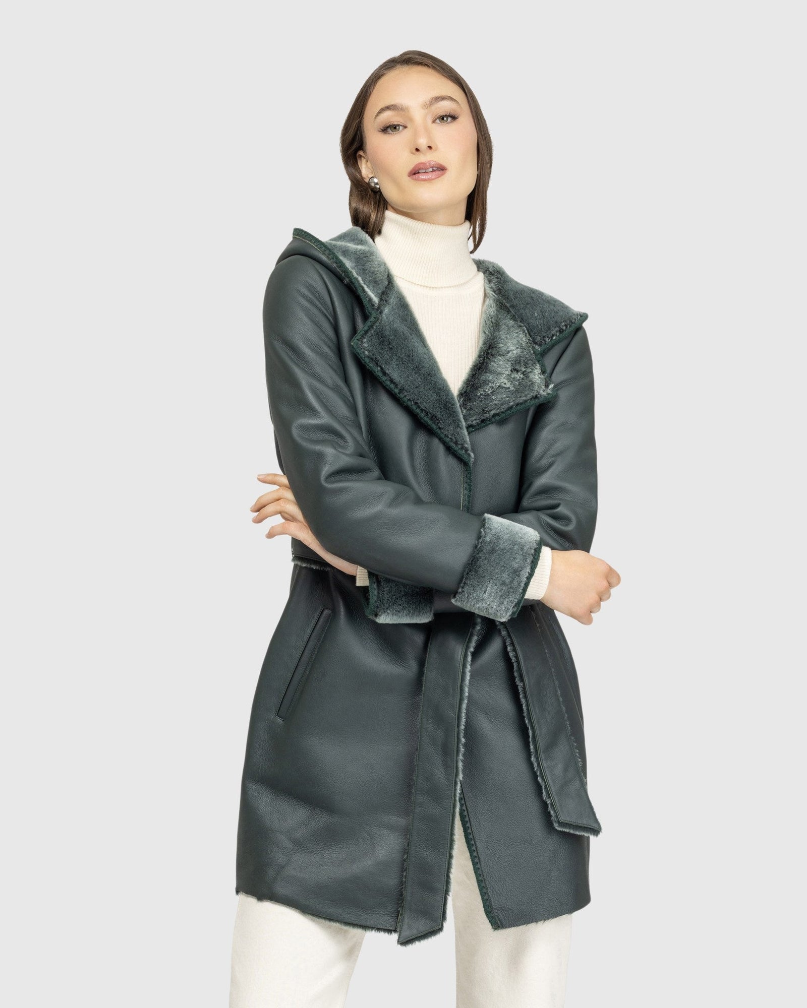 Merino Shearling Lamb Parka With Embroidered Trim, Belt | Emerald Brisa
