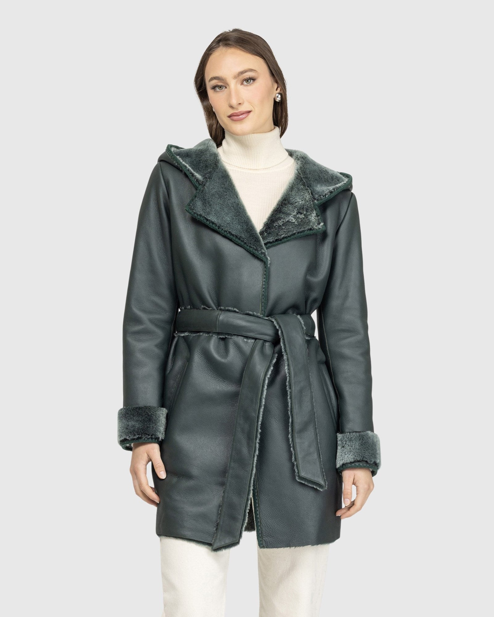 Merino Shearling Lamb Parka With Embroidered Trim, Belt | Emerald Brisa