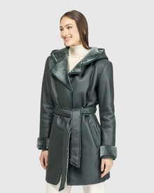 Merino Shearling Lamb Parka With Embroidered Trim, Belt | Emerald Brisa