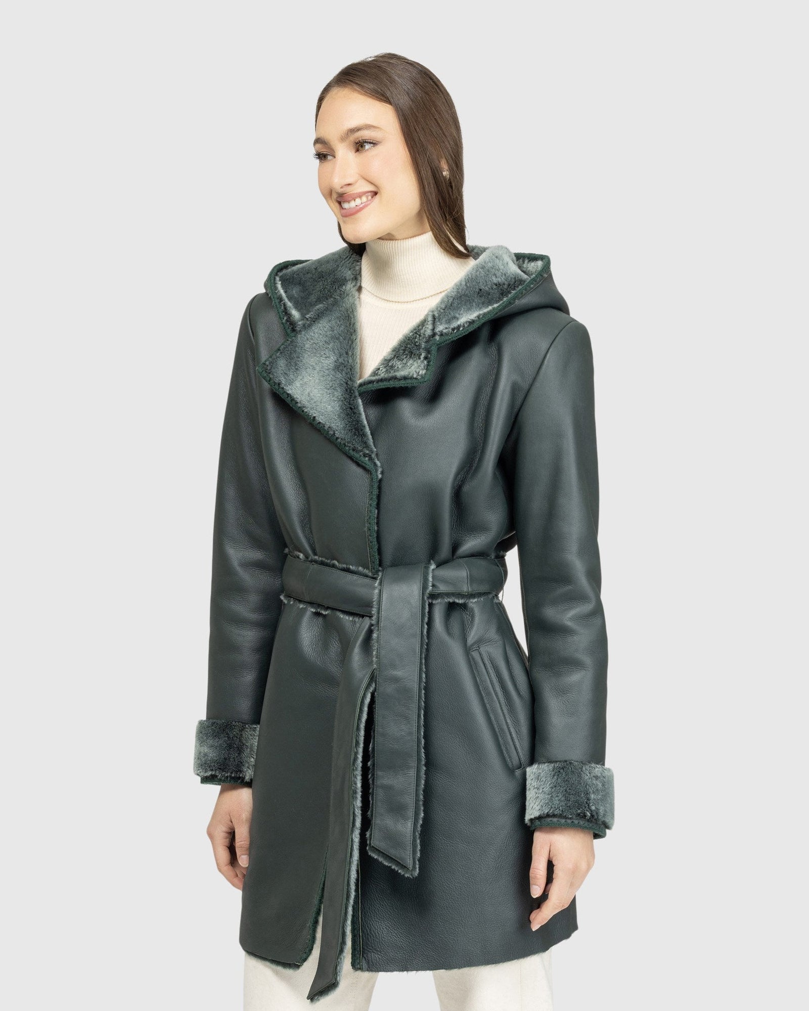 Merino Shearling Lamb Parka With Embroidered Trim, Belt | Emerald Brisa