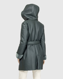 Merino Shearling Lamb Parka With Embroidered Trim, Belt | Emerald Brisa