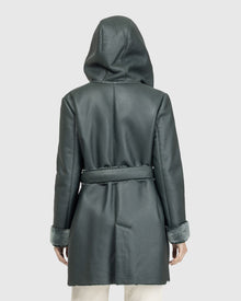 Merino Shearling Lamb Parka With Embroidered Trim, Belt | Emerald Brisa