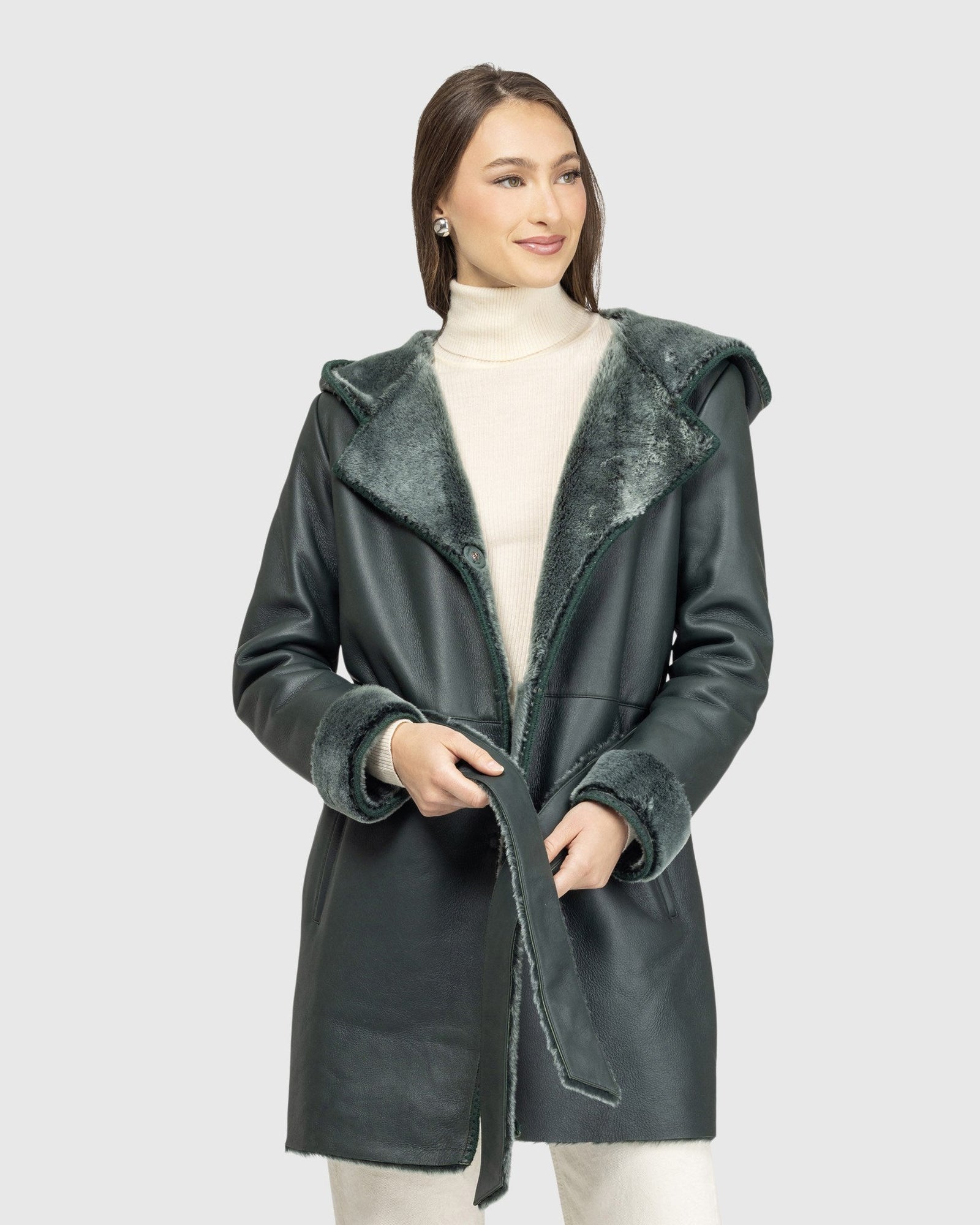 Merino Shearling Lamb Parka With Embroidered Trim, Belt | Emerald Brisa