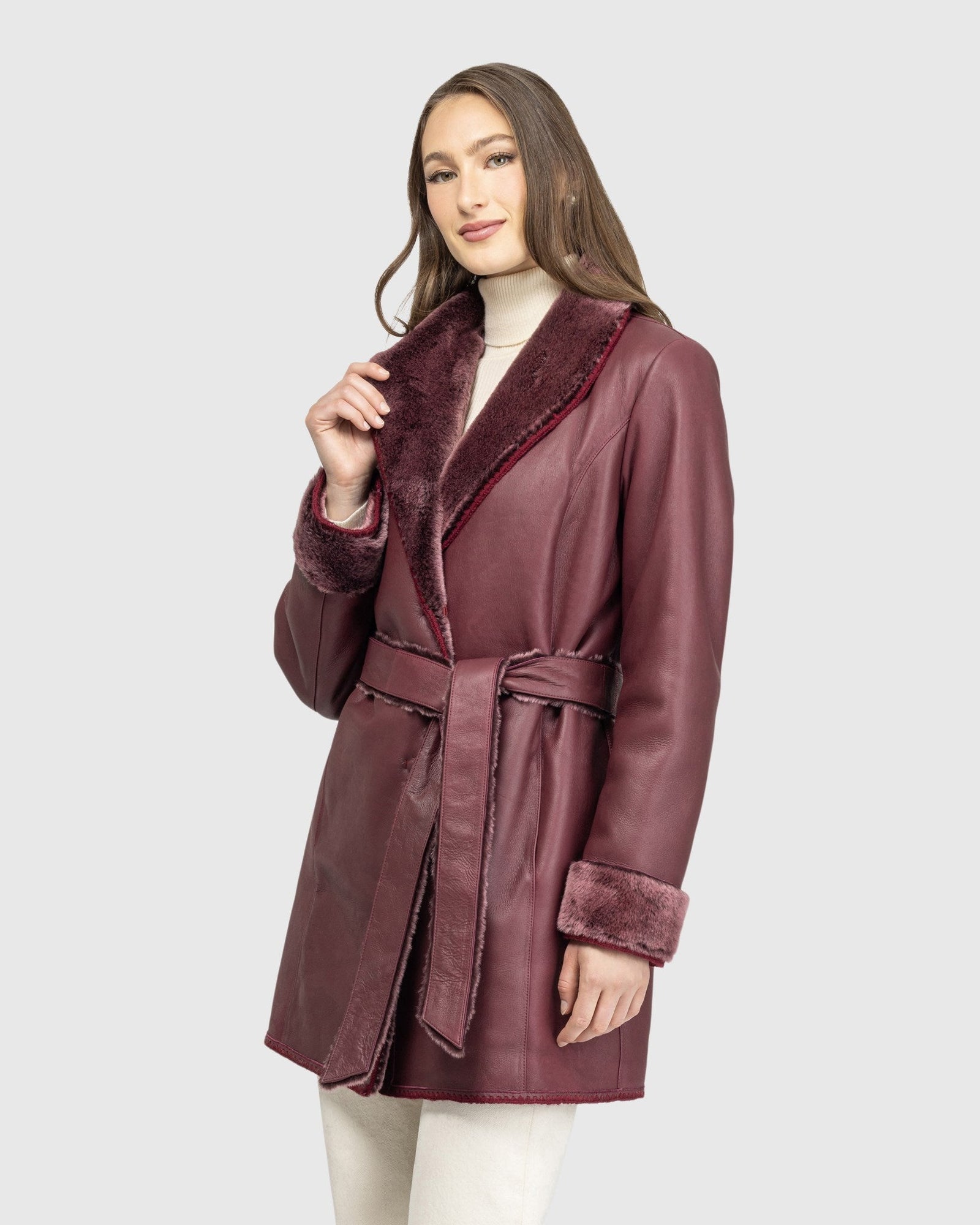 Merino Shearling Lamb Stroller With Embroidered Trim, Belt | Burgundy Brisa