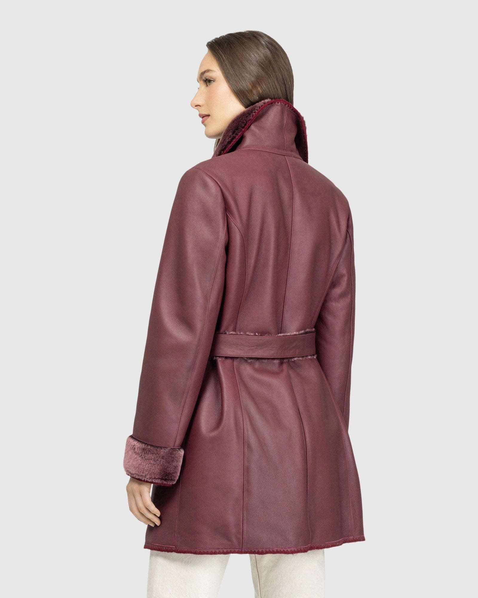 Merino Shearling Lamb Stroller With Embroidered Trim, Belt | Burgundy Brisa