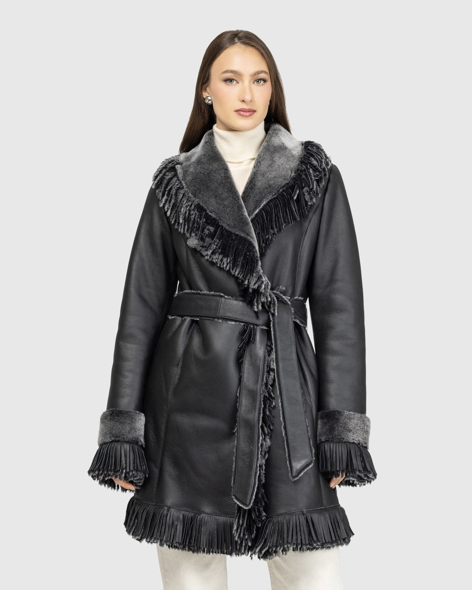 Merino Shearling Lamb Stroller With Fringes | Black Brisa