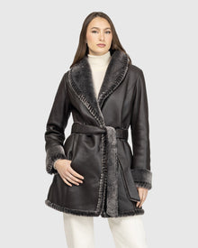 Merino Shearling Lamb Stroller With Whipstitch Trim, Belt | Brown Brisa