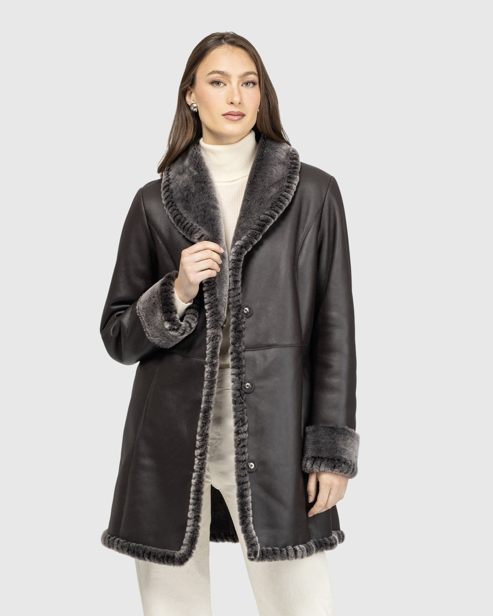 Merino Shearling Lamb Stroller With Whipstitch Trim, Belt | Brown Brisa