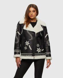 Merino Shearling Lamb Zip Jacket With Wool Embroidery | Black/White