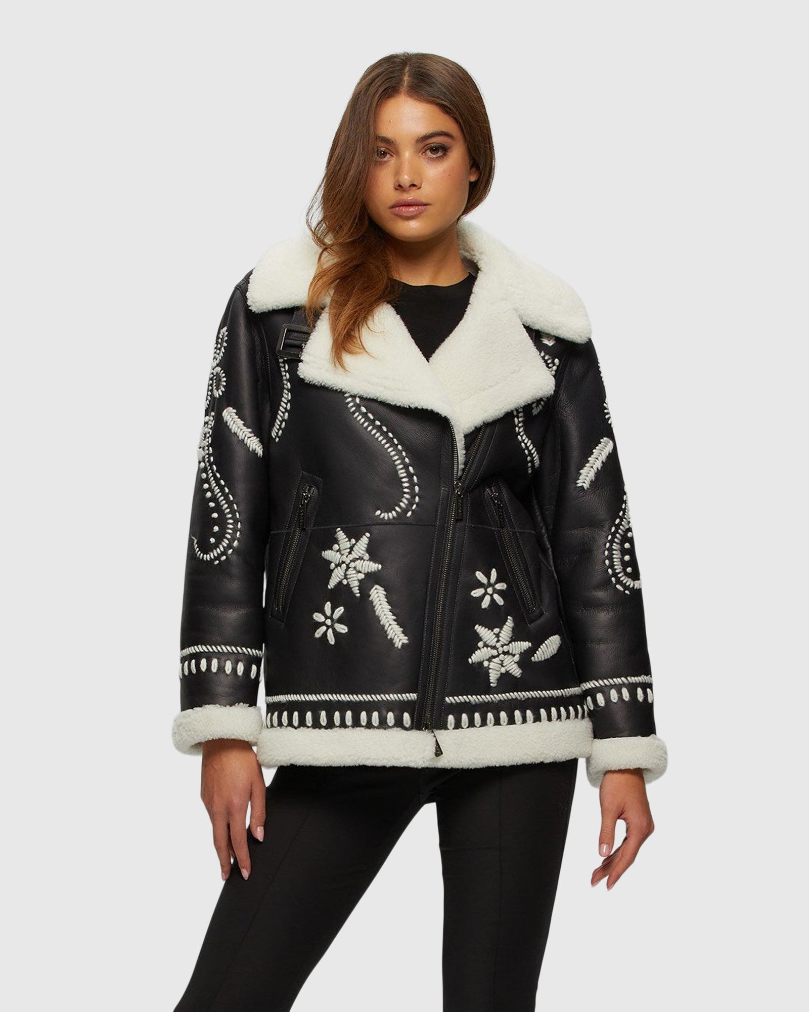 Merino Shearling Lamb Zip Jacket With Wool Embroidery | Black/White