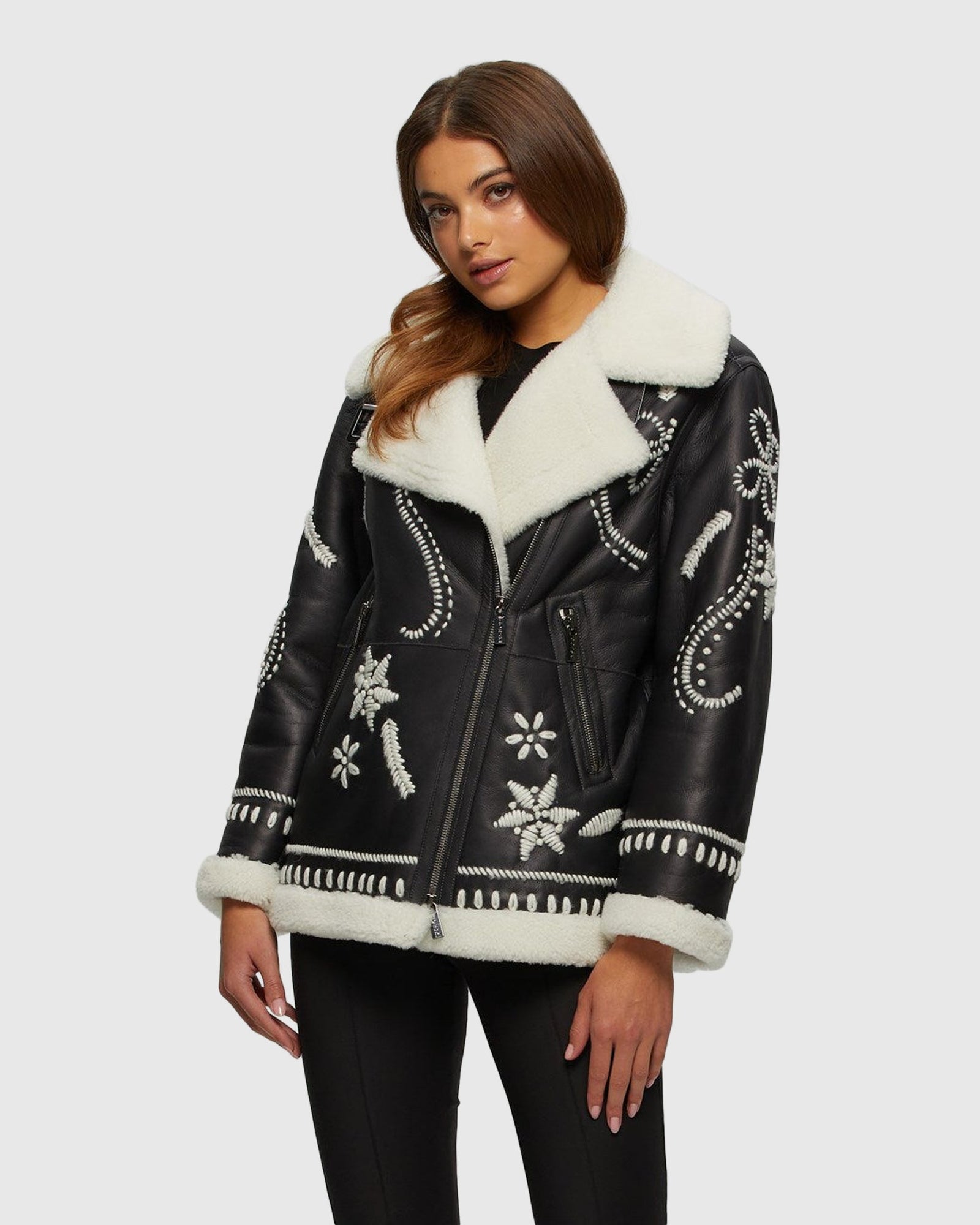 Merino Shearling Lamb Zip Jacket With Wool Embroidery | Black/White