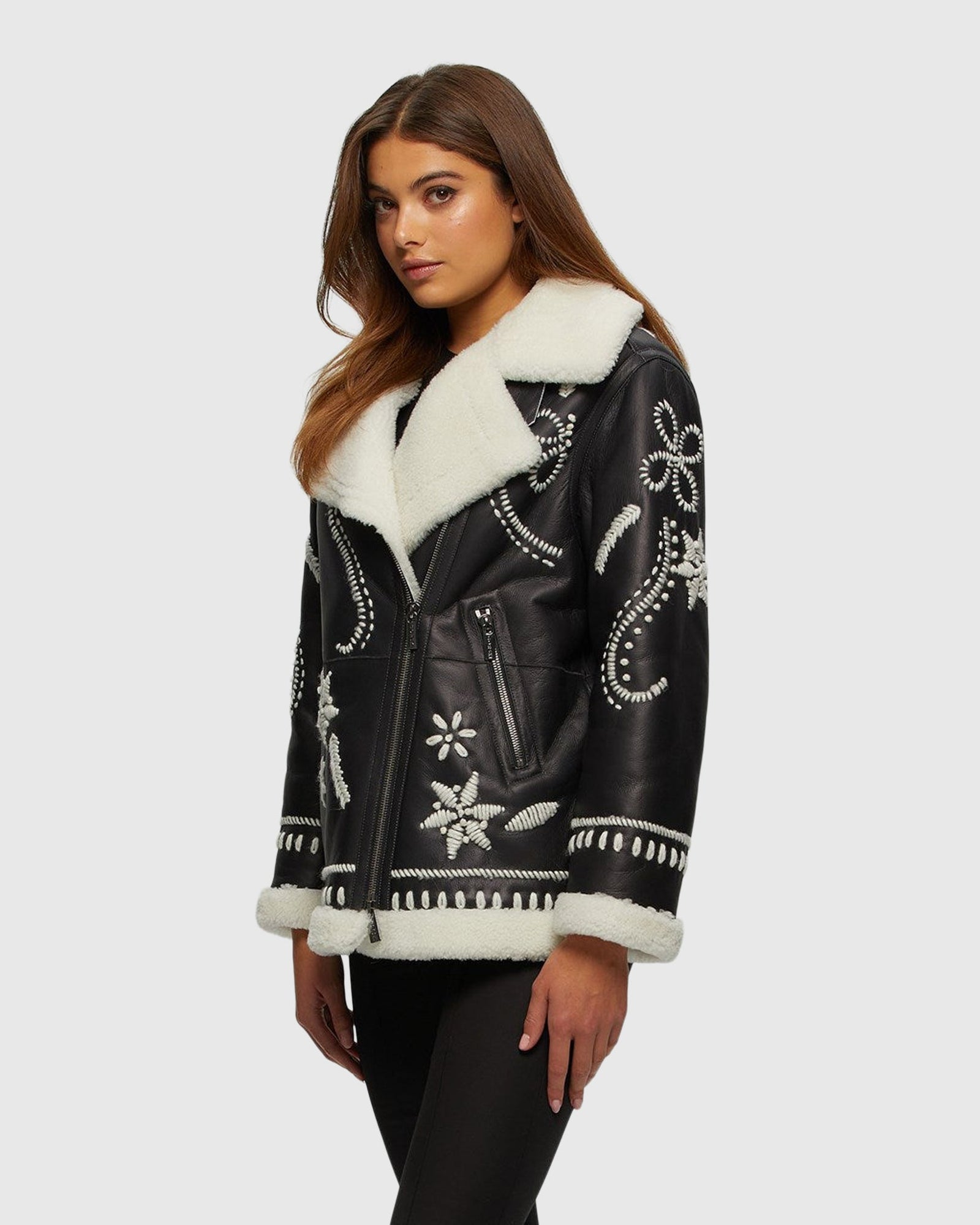 Merino Shearling Lamb Zip Jacket With Wool Embroidery | Black/White