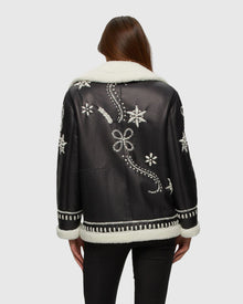 Merino Shearling Lamb Zip Jacket With Wool Embroidery | Black/White