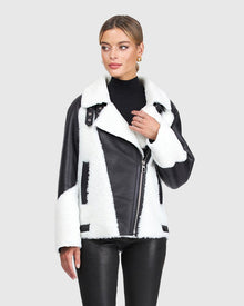 Merino Shearling Lamb Zip Moto Jacket | Black/White